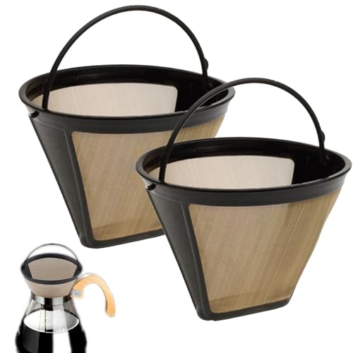 2PCS Goldtonfilter Kaffee Dauerfilter,Kaffeefilter Größe 4 Edelstahl Wiederverwendbar Dauerhaft Kaffeefilter Mesh Korb Waschbar Kaffee Filter mit Griff für Meisten Kaffeemaschinen von Qinsky