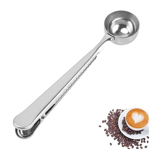 Kaffee Scoop Clip,Edelstahl-Kaffeelöffel & Beutelclip Kaffee Schaufeln Esslöffel Edelstahl Messlöffel Kaffeedosierlöffel Mit Klammer Aus Edelstahl für Kaffeebohnen, Kaffeepulver von Qinsky
