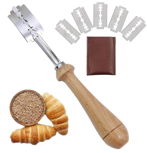 Qinsky Bäckermesser,Baguettemesser Backen Rasiermesser Brotbackzubehör Brot Ritzmesser Ritzmesser Baguette Brot Lahm Teigritzmesser DIY Muster für Brotbäcker mit 5 Klingen und Lederschutzhülle von Qinsky
