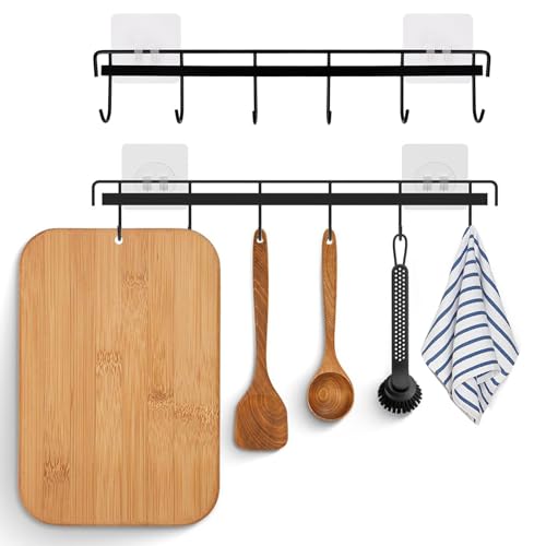 Qinsky Schwarz 6 Haken Küchenhalter,2pcs Hakenleiste für Küchenutensilien Küchenhalterung Ohne Bohren Selbstklebend Küche Hängeleiste für Küche Badezimmer von Qinsky