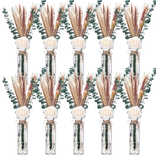 Qinyoung 10 Set Getrocknetes Pampasgras Mittelstück für Hochzeit 10 Klarglas Gläser 10 Künstliche Rosen 80 Getrocknete Pampasgras mit Seil für Babyparty, Rustikale Brautparty, Bauernhaus-Dekoration von Qinyoung
