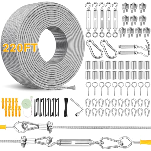 3 mm x 67 m Drahtseil-Kit - 304 Edelstahlseil mit Spannschlössern für Kabel Draht, Vinyl beschichtete hängende Draht für Outdoor String Lichter, Garten Draht Spalier, Drahtzaun, Bilder, Vorhang von Qinzave