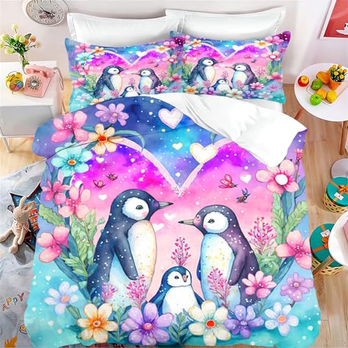 Qiqumax Pinguin Bettwäsche 135x200 süßer Pinguin Kinderbettwäsche Für Mädchen Jungen, Biber Bettwäsche Set Weiche Mikrofaser Mit Reißverschluss Und Kissenbezüge (1,135 X 200 cm 50 x 75 x 1) von Qiqumax