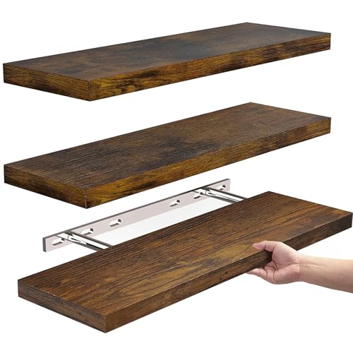 Qiraoxy 3 Pack Wandboard Wandregal Badezimmer Wandregal Holz schwimmende Regale Schweberegal rustikale Holz Regale mit offenem Aufbewahrungsregal für Küche Wohnzimmer Schlafzimmerregale von Qiraoxy