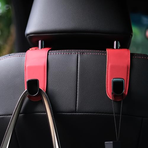 Qirc Auto-Haken, 2 Stück Leder Auto Aufbewahrung Organizer Tasche Haken, Universal Auto Rücksitz Kopfstütze Aufhänger zum Aufhängen Tasche Handtasche Einkaufstaschen (rot) von Qirc