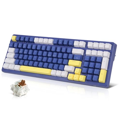 Qisan Mechanische Drahtlose Tastatur USB Verdrahtete Gaming Tastatur Ice Blue Led Hintergrundbeleuchtung Tastatur Brown Schalter 100 Tasten US Layout (Weiß/Dunkelblau/Gelb Combo) von Qisan
