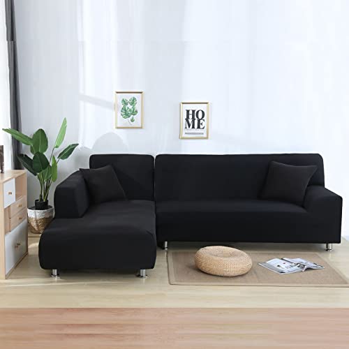 Ecksofa-Schonbezüge, elastische L-förmige Couchbezüge, Rutschfester Sofabezug für Haustiere, Kinder, Ecksofa-Bezüge, Möbelschutz – für Wohnzimmer, schwarz, 2 + 2 Sitze (2 + 2 Sitze) von Qistes