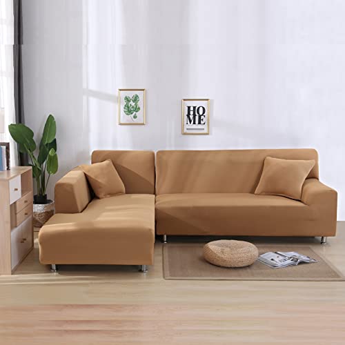 Sofa-Schonbezüge, L-förmige Stretch-Sofabezüge, Rutschfester Sofabezug für Haustiere, Kinder, Sofa-Abdeckung, Möbelschutz – für Wohnzimmer, Kamel, 2 + 3 Sitze (2 + 3 Sitze) von Qistes