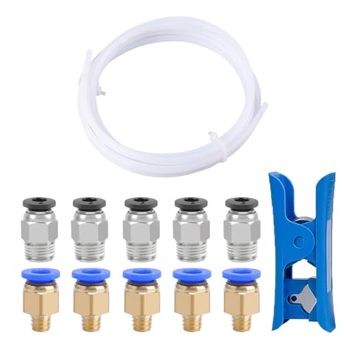 QitinDasen 2 Meter 3D Drucker PTFE Teflonschlauch mit Schlauchschneider, 5 Stück PC4-M6 Pneumatik Verbinder und 5 Stück PC4-M10 Pneumatik Verbinder von QitinDasen