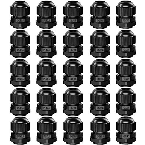 QitinDasen 25Pcs Premium Nylon PG13.5 Kabelverschraubung, 6～12mm Verstellbare IP68 wasserdichte Kabelverschraubungen Gelenke, wasserdichte Kabelsteckverbinder mit Dichtungen (Schwarz) von QitinDasen