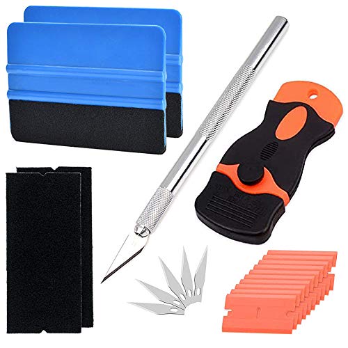 QitinDasen 2Pcs Premium 4" Auto Filzkantenschaber, Filzkanten-Rakelwerkzeug, mit 2Pcs Stoff Filzkante, Craft Trim Tool und 5Pcs Ersatzklingen, Kunststoff Rasierklingenschaber und 10Pcs Rasierklingen von QitinDasen