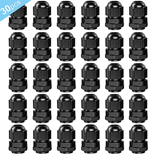 QitinDasen 30Pcs Premium Nylon PG9 Kabelverschraubung, 4～8mm Verstellbare IP68 wasserdichte Kabelverschraubungen Gelenke, wasserdichte Kabelsteckverbinder mit Dichtungen (Schwarz) von QitinDasen