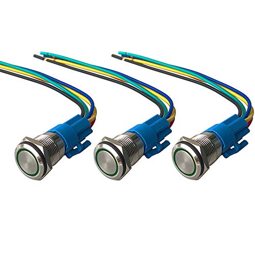QitinDasen 3Pcs 12V / 24V 5A Momentan Druckschalter, 16mm Auto Zündungs Startschalter, Grün LED Licht Edelstahl IP67 Wasserdichter Schalter mit Steckdosendraht von QitinDasen