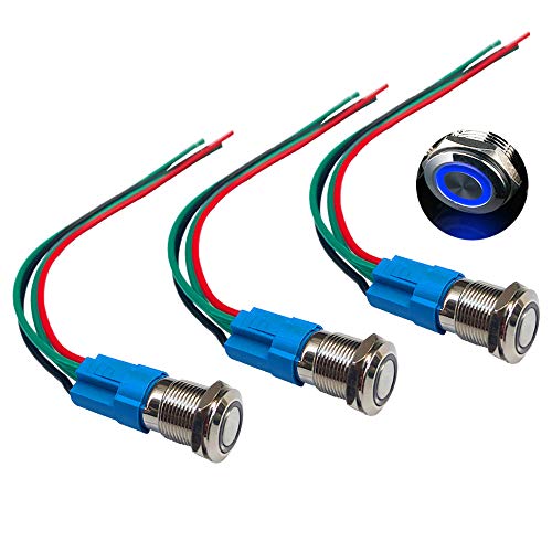 QitinDasen 3Pcs Premium 12V / 24V 3A Momentan Druckschalter, 12mm Auto Zündungs Startschalter, Blaues LED Licht Edelstahl IP66 Wasserdichter Schalter mit Steckdosendraht von QitinDasen