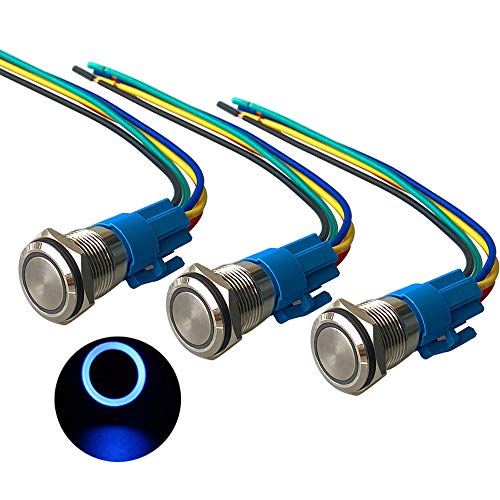 QitinDasen 3Pcs Premium 12V / 24V 5A Momentan Druckschalter, 16mm Auto Zündungs Startschalter, Blaues LED Licht Edelstahl IP67 Wasserdichter Schalter mit Steckdosendraht von QitinDasen