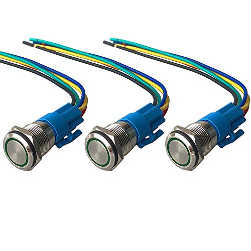 QitinDasen 3Pcs Premium 12V / 24V 5A Momentan Druckschalter, 19mm Auto Zündungs Startschalter, Grün LED Licht Edelstahl IP67 Wasserdichter Schalter mit Steckdosendraht von QitinDasen