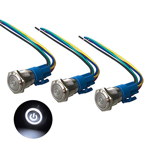 QitinDasen 3Pcs Premium 12V / 24V 5A Verriegelung Druckschalter, 16mm Auto Zündungs Startschalter, Weißes LED Licht Edelstahl IP67 Wasserdichter Schalter mit Steckdosendraht von QitinDasen