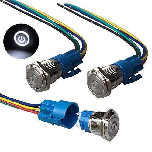 QitinDasen 3Pcs Premium 12V / 24V 5A Verriegelung Druckschalter, 19mm Auto Zündungs Startschalter, Weißes LED Licht Edelstahl IP67 Wasserdichter Schalter mit Steckdosendraht von QitinDasen