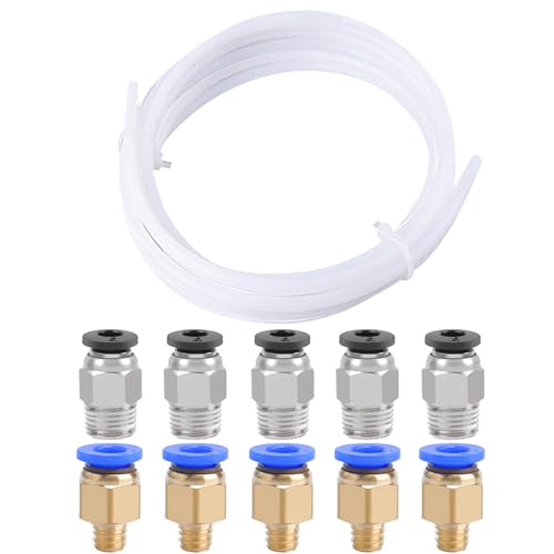 QitinDasen 5 Meter 3D Drucker PTFE Teflonschlauch, mit 5 Stück PC4-M6 Pneumatik Verbinder und 5 Stück PC4-M10 Pneumatik Verbinder von QitinDasen