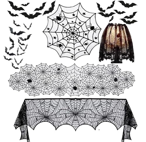 5-teiliges Halloween Tischdecken- und Dekoset – Spitzentischdecke rechteckig & rund, Kaminschal, Spinnennetz-Lampenschirm & 32 3D-Fledermaus Wandaufkleber – für Party, Fenster, Tisch & Hausdeko 5-teiliges Halloween Tischdecken- und Dekoset – Spitzentischdecke rechteckig & rund, Kaminschal, Spinnennetz-Lampenschirm & 32 3D-Fledermaus Wandaufkleber – für Party, Fenster, Tisch & Hausdeko von QiuQuecot