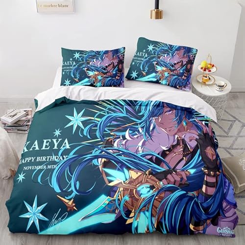 Bettbezug Set Genshin Impact,Kaeya as34,Bettwäsche für Kinder,140x200cm,Anime-Druckmuster Weihnachten Geburtstag Geschenk für Kind junger Spieler von Qiuka