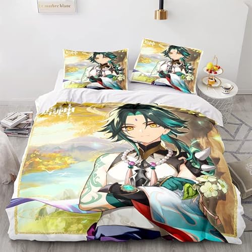 Qiuka Bettbezug Set Genshin Impact,Xiao as37,Bettwäsche für Kinder,140x200cm,Anime-Druckmuster Weihnachten Geburtstag Geschenk für Kind junger Spieler von Qiuka