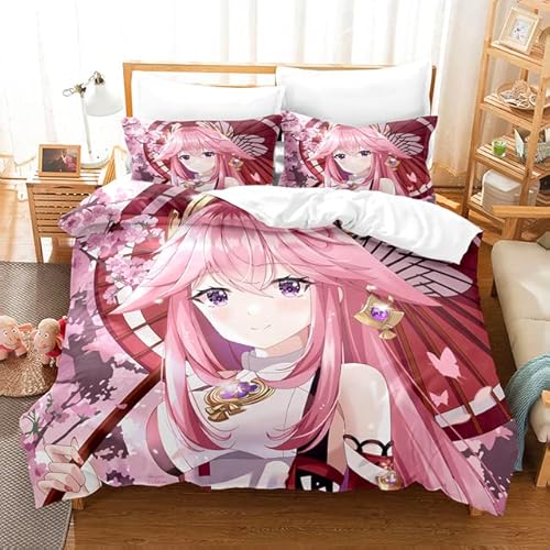 Qiuka Bettbezug Set Genshin Impact,Yae Miko cs-39,Bettwäsche für Kinder,155x220cm,Anime-Druckmuster Weihnachten Geburtstag Geschenk für Kind junger Spieler von Qiuka