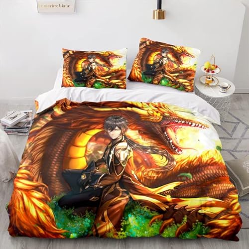 Qiuka Bettbezug Set Genshin Impact,zhongli as42,Bettwäsche für Kinder,140x200cm,Anime-Druckmuster Weihnachten Geburtstag Geschenk für Kind junger Spieler von Qiuka