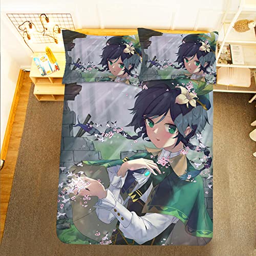 Qiuka Genshin Venti Impact Kinderbettwäsche für Mädchen Jungen, Zhongli Raiden Shogun Kinder Bettwäsche 140x200cm Bettbezug Set 3D Gebürstet Bettwaren mit Reißverschluss, quilt_cover_3D_1641, Grün von Qiuka