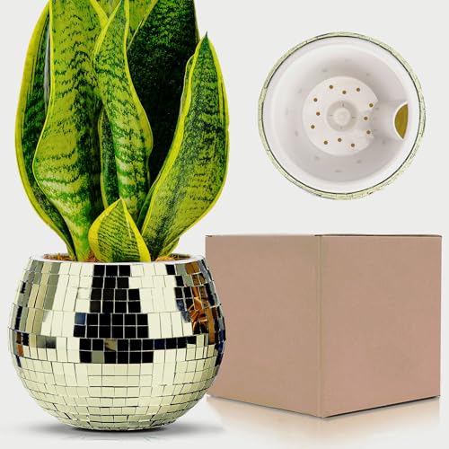 Discokugel Blumentopf,Discokugel Vase,Discokugel Pflanztöpfe,Spiegelkugel Pflanzgefäß,Kunststoffe Disco Kugel Übertöpfe Pflanzenhalter,Discokugel Deko für Party Büro,Küche (Golden, 5*5*4zoll) von Qiumyanlod