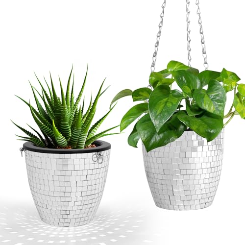Qiumyanlod Discokugel Blumentopf Hängend,5" Discokugel Blumenampel,Discokugel Pflanztopf übertopf,Discokugel Vase,Silber Spiegel Kugel Blumentopf Discokugel Deko für Innen Außen Balkon,Büro von Qiumyanlod