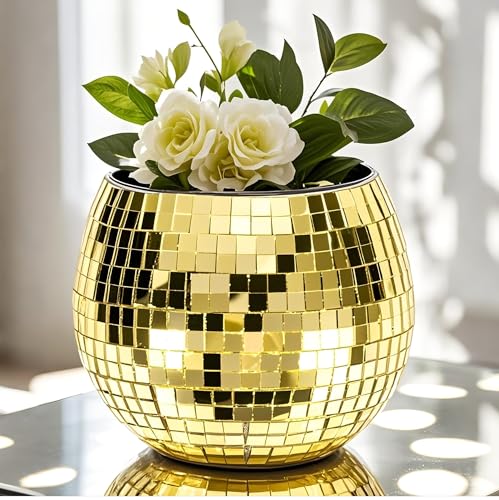Gold Discokugel Blumentopf,Discokugel Vase,Discokugel Pflanztöpfe,Discokugel übertopf,Disco Kerzenhalter,Mosaik Glas Spiegelkugel Pflanzgefäß,Discokugel Dekor für Hochzeit,Schlafzimmer, Küche,Büro von Qiumyanlod