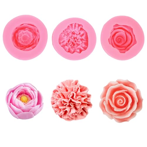 3 Stück Kerzen Formen Silikon, Silikonform Blumen Rose Nelke Pfingstrose, Verwendet für Kerzen, Seife und Andere DIY Handwerk Machen（Rosa） von Qiuruoo