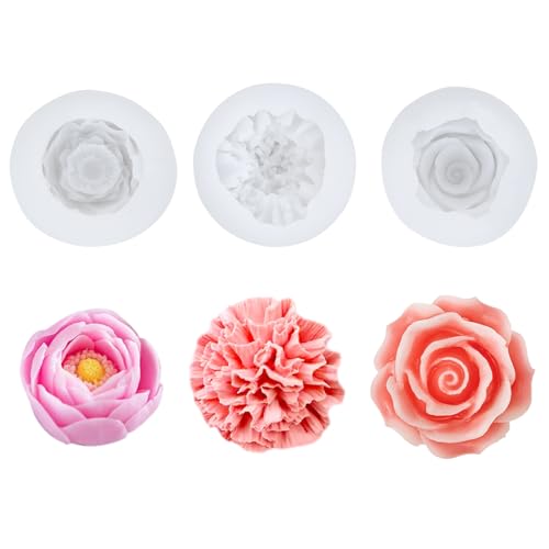 3 Stück Kerzen Formen Silikon, Silikonform Blumen Rose Nelke Pfingstrose, Verwendet für Kerzen, Seife und Andere DIY Handwerk Machen（Weiß） von Qiuruoo