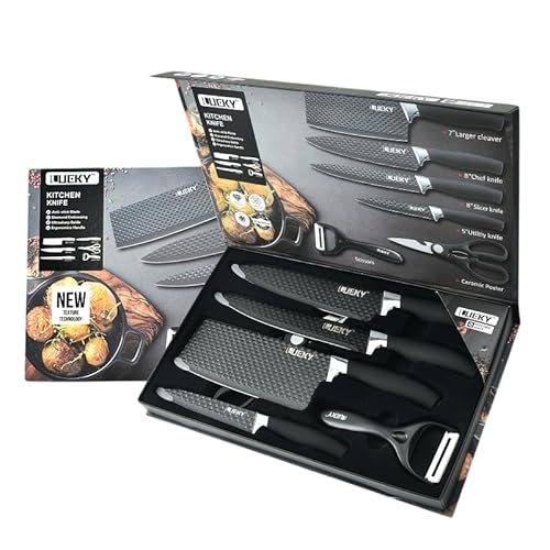 Qivee 7-teiliges Küchenmesser-Set, Edelstahl-Klingen, 14,5-24,5 cm, mit Schere und Keramikschäler, Schwarz von Qivee