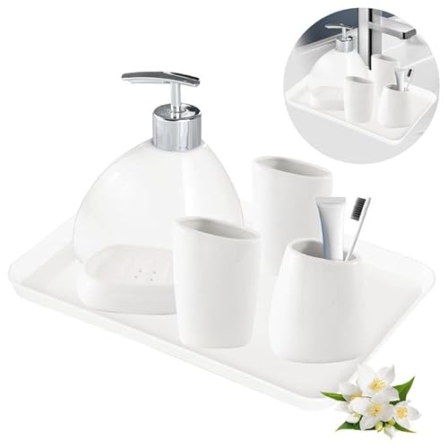 Badezimmer Set 6 Teile, Badezimmer Organizer mit Seifenspender, Seifenschale, Zahnbürstenhalter, Mundspülungsbecher*2 und Tablett, Keramik Bad Zubehör, Badezimmer Deko, Weiß von Qivine