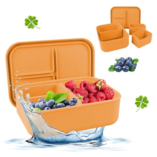 Brotdose, Brotdose Kinder mit Fächern, 3 Teiler, Abnehmbar, Silikon Bento Box, Lunchbox Erwachsene, Snackbox, Mikrowellenfest für Kinder Garten, Schule, Picknick, Ausflug (Gelb) von Qivine