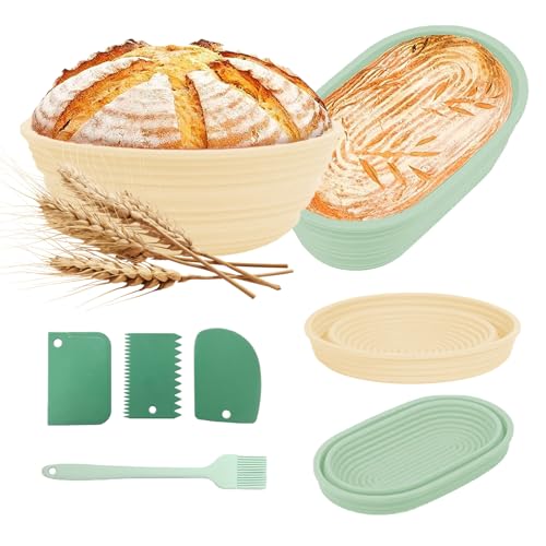 Qivine Gärkorb 6er Set, 22cm Rund 24,5cm Oval Silikon Gärkörbchen mit Bäckermesser, Pinsel, Sauerteig Brotkorb Banneton Brot Backen Korb für 900g-1000g Teig von Qivine