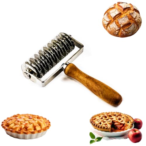 Qivine Gitterroller Teig, Gitterwalze Teigschneider Edelstahl mit Holzgriff, Kuchen Gitterschneider Nudelschneider für Pizza, Pastry, Brot von Qivine