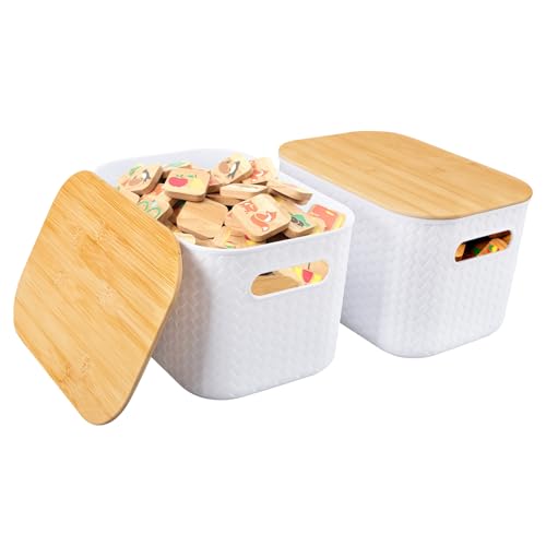 Qivine 2 Stück Kunststoff Box mit Deckel aus Bambus, Stapelbare Plastik Boxen Aufbewahrung, 6,5L Aufbewahrungsbox Küche für Schlafzimmer, Badezimmer, Schränke (Weiße) von Qivine