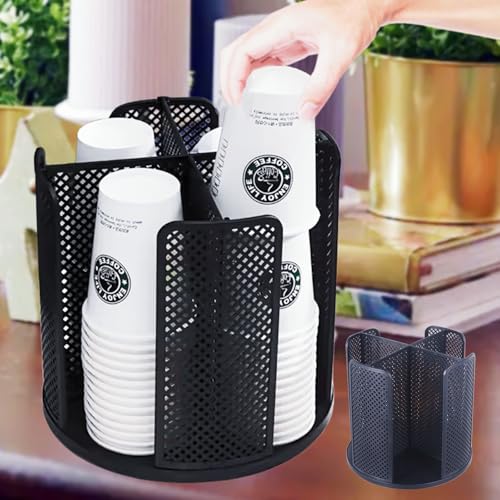 Qivine Drehbarer Becherhalter für Arbeitsplatte, Tassen und Deckel Organizer Küche Kaffeetassenspender, 4 Fächern Papierbecher Halter für Badezimmer, Küche, Café (Schwarz) von Qivine