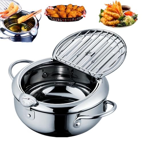 Qivine Japanischer Frittiertopf Induktion, 4,2L Friteuse Klein mit Thermometer, Edelstahl-Topf Tempura Mini Fritteuse mit Deckel und Abtropfgestell für Pommes Frites, Garnelen, Fisch Qivine Japanischer Frittiertopf Induktion, 4,2L Friteuse Klein mit Thermometer, Edelstahl-Topf Tempura Mini Fritteuse mit Deckel und Abtropfgestell für Pommes Frites, Garnelen, Fisch von Qivine