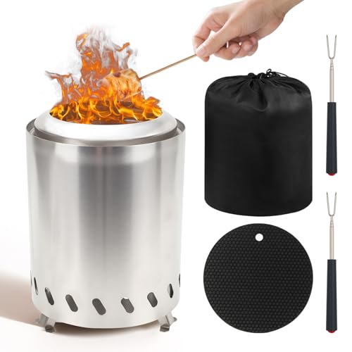 Qivine Tisch Feuerstelle aus Edelstahl, Tragbare Rauchfreie Feuerschale für Außenbereich, Klein Feuertonne für den Garten mit Reisetasche, Gabel, und Hitzebeständiger von Qivine