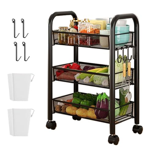 Qivine Servierwagen mit 3 Ebenen, Küchenwagen mit Rollen, Multifunktional Kitchen Trolley Schwarz, 64×44×27 cm Nischenregal mit 4 Haken & 2 Behälter, Rollwagen für Küche, Schlafzimmer, Badezimmer von Qivine