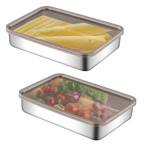 Qivine 2 Stück Aufschnittboxen für Kühlschrank, Aufschnittbox Stapelbar, Frischhaltedosen mit Deckel, Edelstahl Aufschnittdose, Kartoffel Aufbewahrungsbox für Wurst und Käse, 19,5 * 14 * 4cm von Qivine