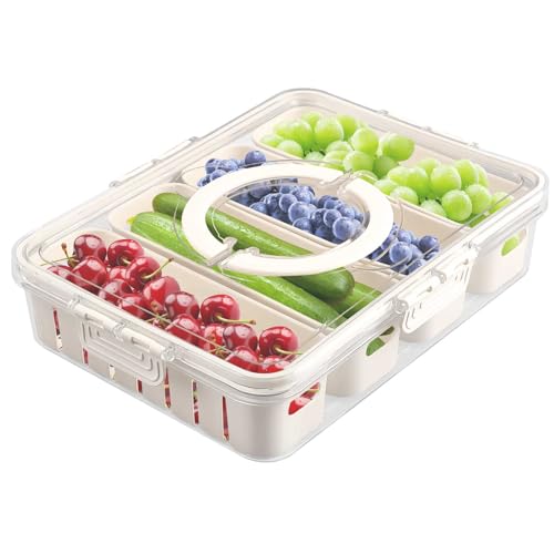 Qivine Snackbox mit Fächern, 4 Fächern Kunststoff Obstbox mit Griff Deckel, 31 x 24 x 7 cm Tragbar Kinder Snackschale Obst Gemüseschale für Schule Picknick Reisen von Qivine