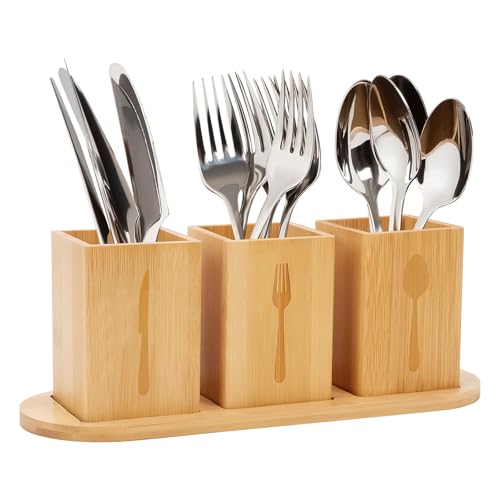 Qivine Utensilienhalter aus Akazienholz, Besteckhalter aus Holz, Küchenutensilien-Organizer mit Tablett, Küchenutensilien-Organizer für Gabeln, Löffel, Messer (Bambus) von Qivine