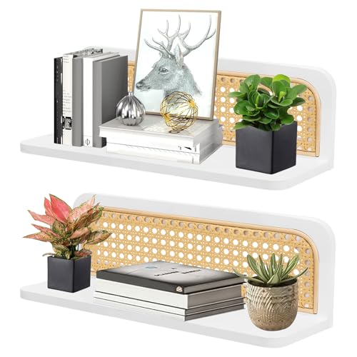 Qivine Wand Regal 2 Set, Rattan Wandregal Kinderzimmer Rustikal, Wandregale Holz zur Aufbewahrung für Wohnzimmer, Schlafzimmer, Badezimmer von Qivine