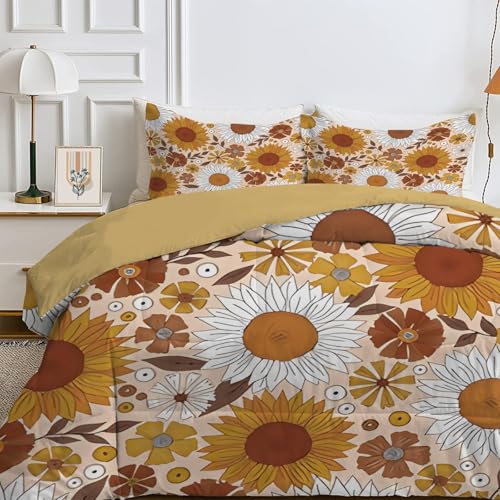 4 Jahreszeiten Bettdecke 200x220 cm, Wende Orange Blumen Steppdecke Waschbare, Bettdecke ohne Bezug Nutzbar, Leicht Weiche Schlafdecke 200GSM, Ganzjahresdecke Braun mit 2 Kissenbezug (ohne Kissen) von Qiwagu