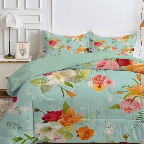 Bettdecke 135x200 4 Jahreszeiten, Wende Bunt Blumen Steppdecke Waschbare, Bettdecke ohne Bezug Nutzbar, Leicht Weiche Schlafdecke 200GSM, Ganzjahresdecke Hellblau mit 1 Kissenbezug (ohne Kissen) von Qiwagu